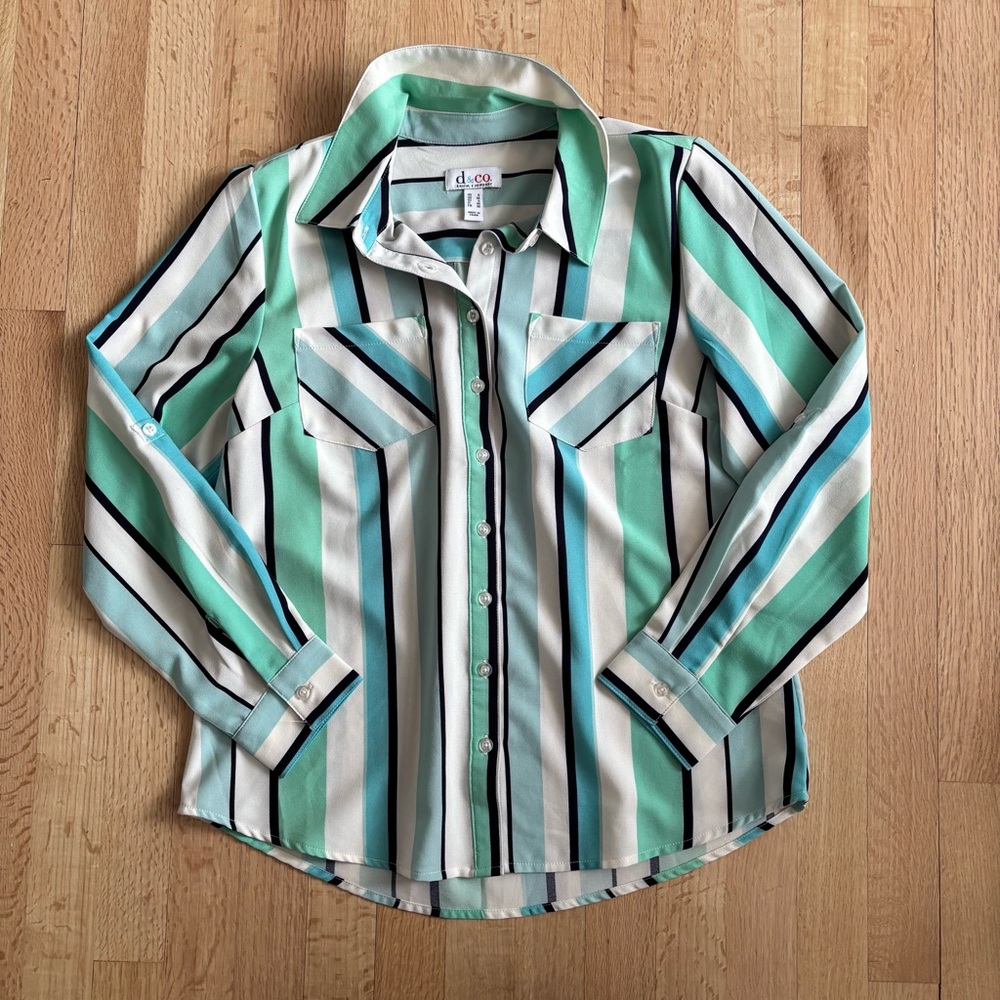 Denim&Co Striped Button Down Shirt - Green, Black, White